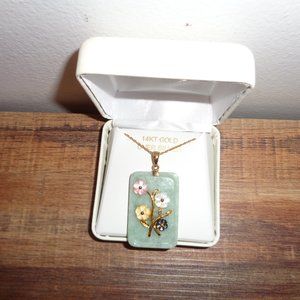 Jade Flower Pendant 14K Gold over Silver w/Chain NIB